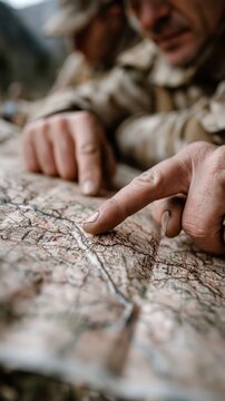 A close up of a soldier pointing at a topographic map with his finger while another person looks on in the background.