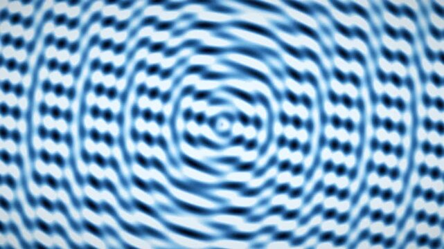 Seamless loop: cool blue moir&eacute; interference patterns form concentric rings with pulsating dot matrices. Ice-toned optical waves ripple in rhythmic, hypnotic motion. Abstract geometric visualization.
