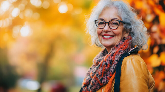 Cheerful senior woman in autumn with colorful scarf.