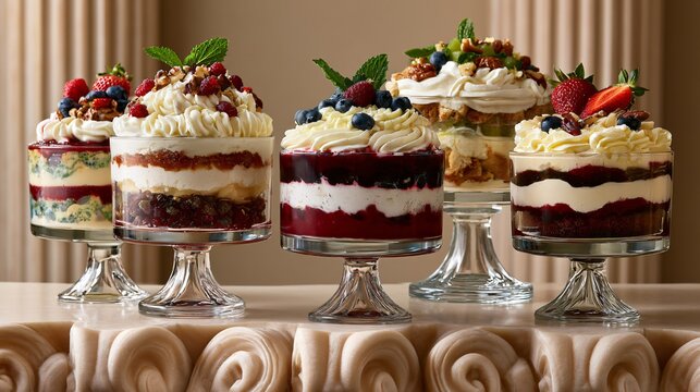 A premium advertising composition positioning multiple trifle dish desserts along the lower border of sculptural limestone while preserving expansive architectural copy space above