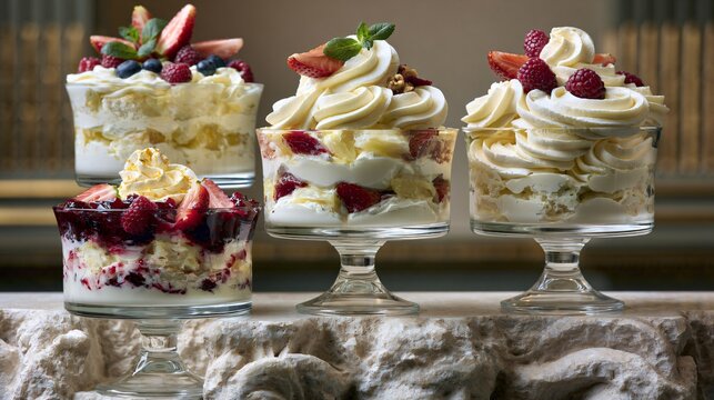 A premium advertising composition positioning multiple trifle dish desserts along the lower border of sculptural limestone while preserving expansive architectural copy space above