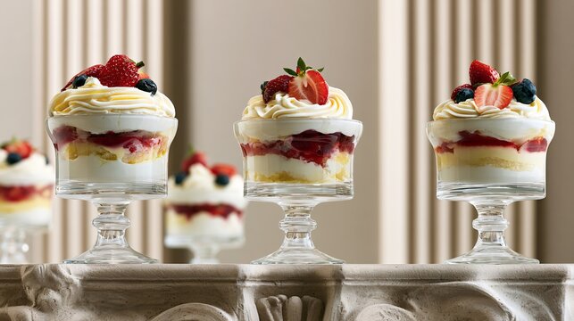 A premium advertising composition positioning multiple trifle dish desserts along the lower border of sculptural limestone while preserving expansive architectural copy space above