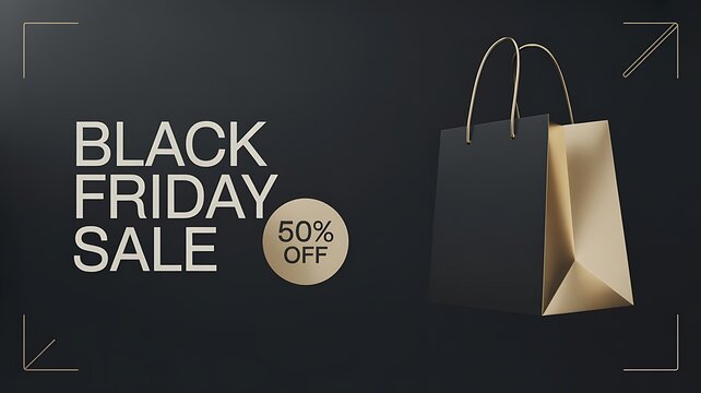 Black friday sale promotional banner with black shopping bags and fifty percent discount offer on dark background