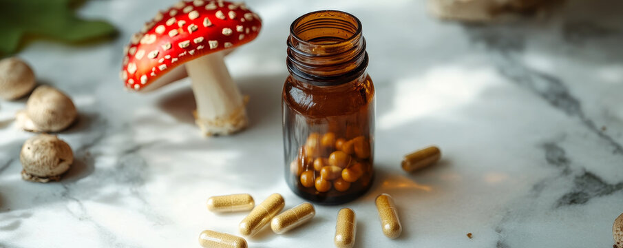Psychedelic Mushrooms and Capsules on a Marble Surface