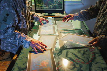 Naklejka premium Two military personnel examine printed map sheets on a glass table beside a computer monitor, planning a tactical operation indoors.