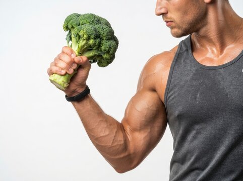 A close-up of a muscular man flexing his bicep while holding a head of fresh green broccoli in his hand, representing healthy eating and fitness.