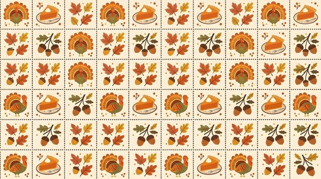 Seamless pattern with turkeys, pumpkin pie slices and acorns for thanksgiving holiday