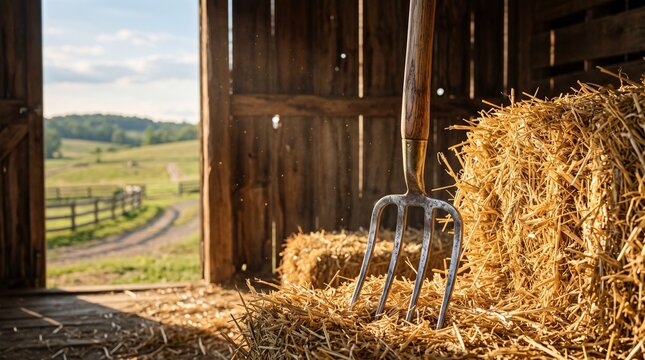 Farmhouse interior with pitchfork and hay bales in a barn  