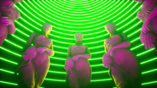Futuristic Concert Stage Visual Low Angle Perspective of Statues Circle and Neon Ceiling