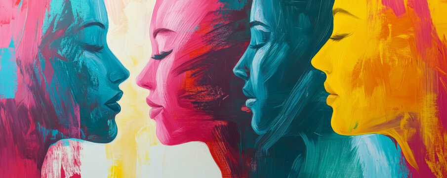 Vibrant Abstract Portrait of  Women in Colorful Paint