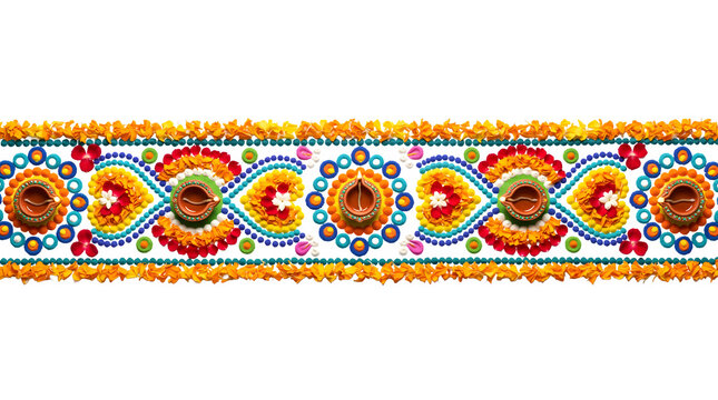 Beautiful rangoli design with flowers and clay lamps isolated on transparent background