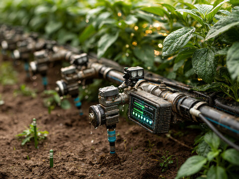 AI precision irrigation system with drip pipes, solenoid valves, soil moisture sensors and glowing LED panel in vibrant green farmland under warm golden hour light for smart farming brochures.