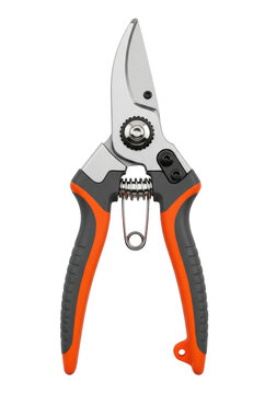 Macro close-up of professional bypass pruners: dark grey ergonomic handles with orange grips, reflective stainless steel blades, high-key white background. Concept of precise horticulture tool quality