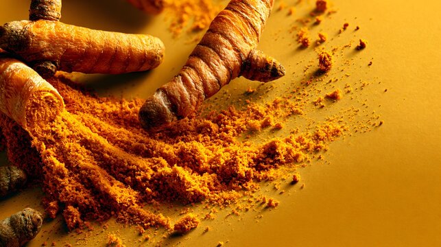 A contemporary asymmetrical composition featuring turmeric extending partially beyond the frame creating dynamic premium advertising tension and modern editorial sophistication