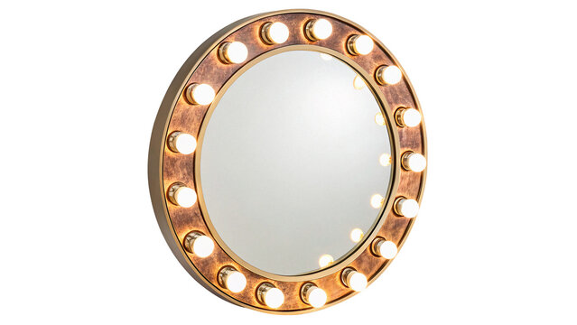 Vintage round makeup mirror with lights isolated on transparent background dressing room vanity design element