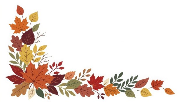 Autumn leaves corner arrangement with warm seasonal colors and a white background for design