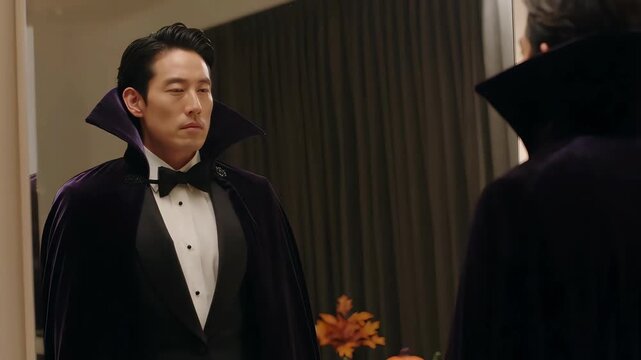 Asian man in a tuxedo and purple vampire cape looking in a mirror and adjusting his collar for Halloween