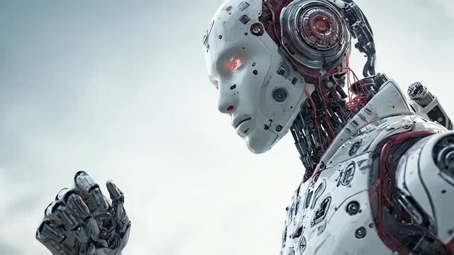 Humanoid robot profile with glowing red eyes