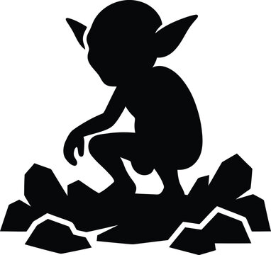Black silhouette of a crouching fantasy goblin on rocky ground