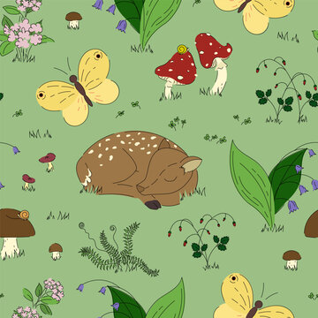 Seamless pattern with forest animals and flowers
