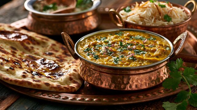 A gourmet Indian-inspired composition featuring creamy turmeric lentil dal served with naan bread, basmati rice, cilantro, and artisan copper serving bowls
