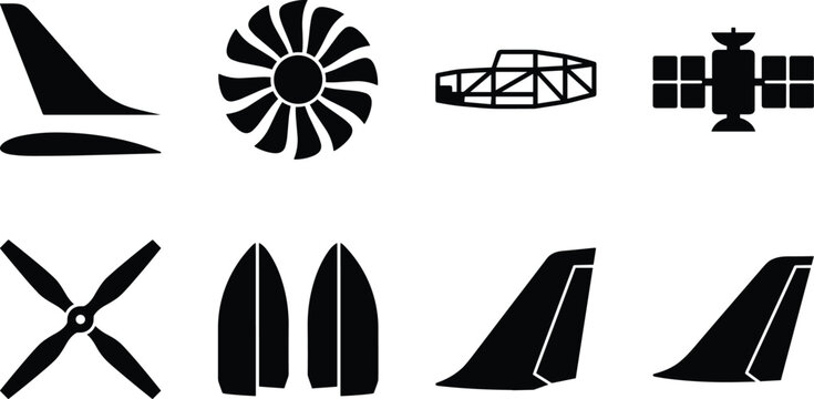 Aerospace engineering and aviation aircraft parts vector silhouette icon set isolated on white background