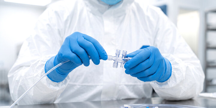 Skilled medical device manufacturing technician wearing sterile cleanroom attire, carefully connecting catheter tubing to a sterile medical component with precision inside a production facility.