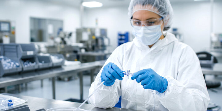 Skilled medical device manufacturing technician wearing sterile cleanroom attire, carefully connecting catheter tubing to a sterile medical component with precision inside a production facility.