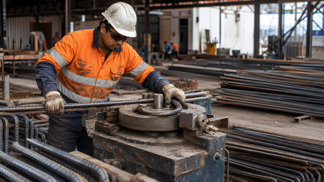 Construction worker bending rebar in fabrication workshop