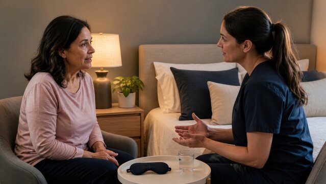 Menopause sleep consultation: A midlife woman discusses disrupted sleep with a clinician beside a blank bedside routine tray containing a sleep mask and glass of water