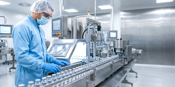 A professional pharmaceutical factory worker wearing sterile protective clothing, cleanroom coveralls, face mask, hair cover, gloves, and safety goggles while operating an automated production line.