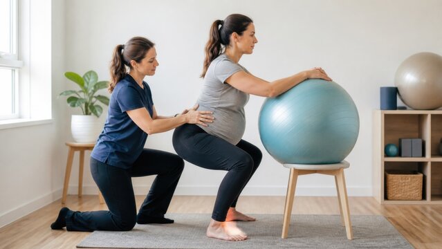 Pelvic floor physiotherapy: A pregnant woman practices a supported squat with a pelvic-health physiotherapist using a stability ball in a private exercise room