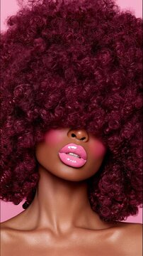 Beautiful Black woman with voluminous natural afro hair smiling and moving her curls in slow motion, confident beauty portrait celebrating natural hairstyle