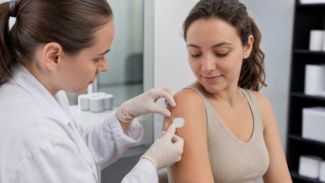 Wearable temperature sensor study: A researcher fits a small blank skin-temperature patch to a volunteer's upper arm during a women's health study