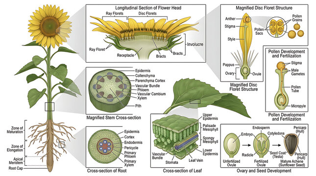 Educational botanical diagram of sunflower anatomy showing detailed cross-sections of stem, leaf, root, flower, and seed development