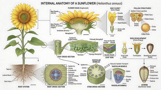 Educational botanical diagram showing helianthus annuus biological structures including cellular leaf cross sections and root systems