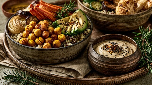A luxury vegetarian composition featuring roasted turmeric chickpeas served with quinoa, avocado, roasted vegetables, tahini dressing, and handcrafted ceramic bowls