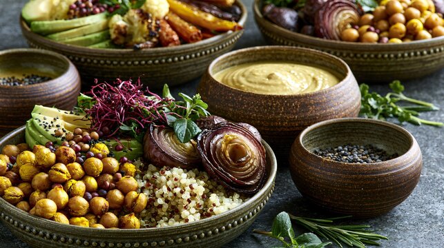 A luxury vegetarian composition featuring roasted turmeric chickpeas served with quinoa, avocado, roasted vegetables, tahini dressing, and handcrafted ceramic bowls