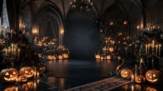 Gothic Halloween scene with carved pumpkins and candlelit ambiance