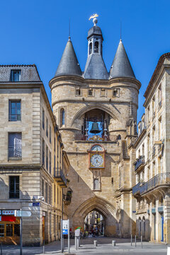 Medieval Great Bell of Bordeaux gate in Bordeaux, France. Bright daylight view of historical stone defensive tower