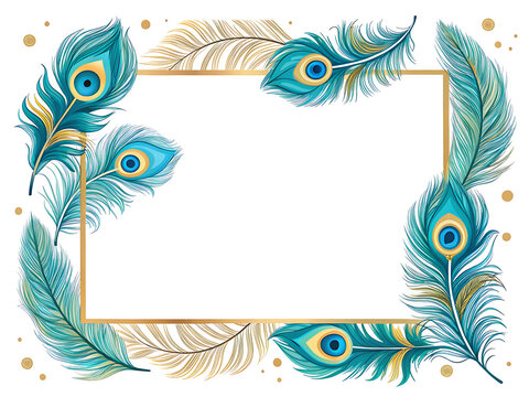 Indian peacock feather frame, elegant stylized peacock feathers arranged around a rectangular border
