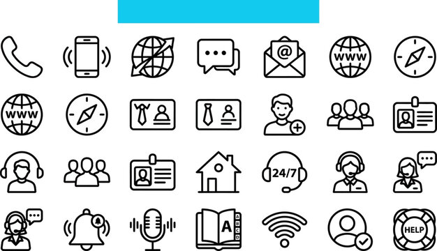 Contact us icons set presented in black outline style for customer service and communication concepts.