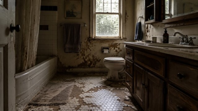 Dilapidated bathroom with heavily peeling paint on the walls, a grimy toilet and bathtub, and stained hexagonal floor tiles found inside a badly neglected rental apartment unit