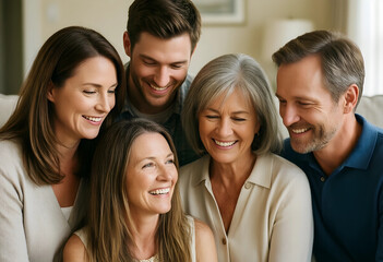Fototapeta premium Family connection and intergenerational bonding, happy multi-generational group of adults smiling together at home during a joyful reunion gathering