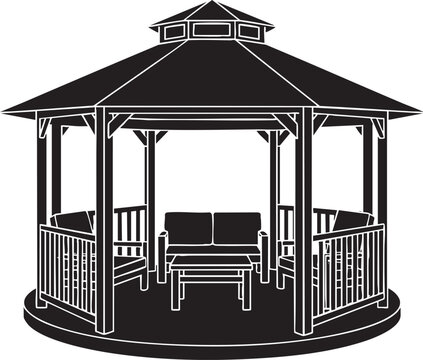 Black silhouette of a garden gazebo with seating furniture and table