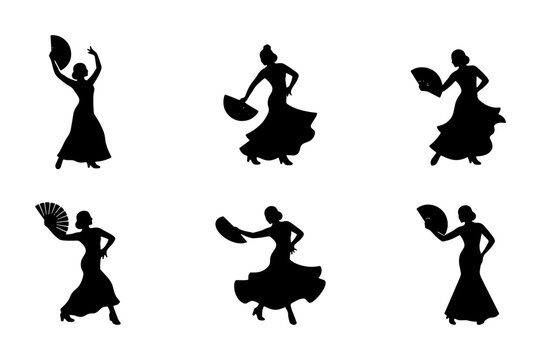 Flamenco Dancer Silhouettes Set, Elegant Spanish Woman Poses with Fans, Vector Graphics for Cultural Performance and Celebration Designs