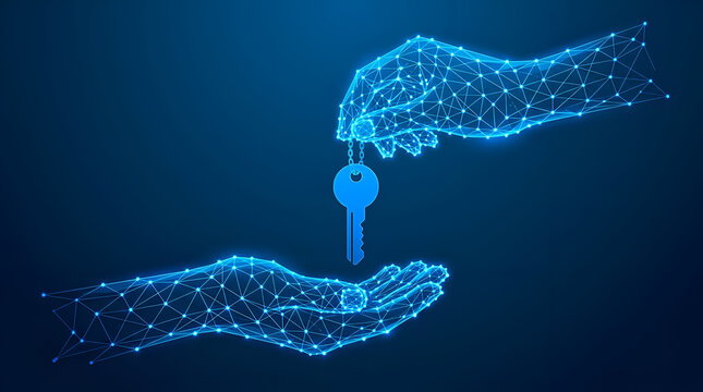 Digital polygonal wireframe graphic of one hand transferring a key to another hand representing secure property access and data encryption