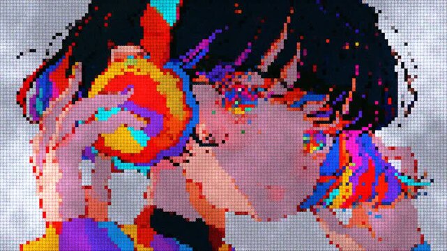 Nostalgic aesthetic pixel art animation of an anime style character wearing colorful headphones. Perfect for lo-fi music videos, retro gaming streams, and vintage digital art projects.