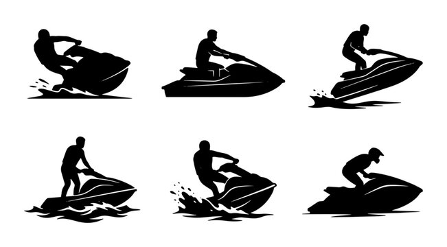 Jet Ski Silhouettes, Personal Watercraft Action Poses, Water Sports Vector Icons, Summer Recreation Graphics, Dynamic Aquatic Motion Set