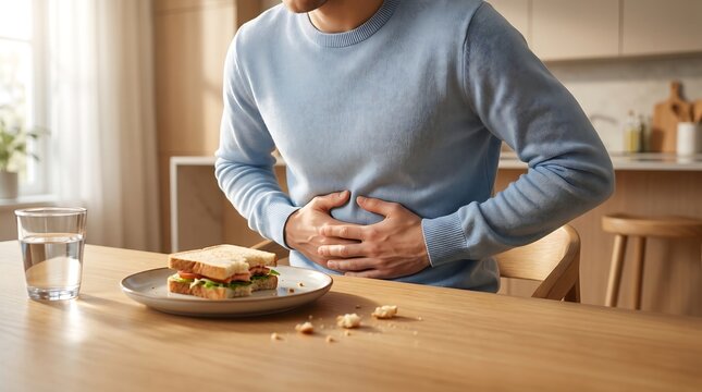 Man suffering from stomach ache and indigestion sitting in kitchen after eating for health medical blog banner